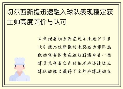 切尔西新援迅速融入球队表现稳定获主帅高度评价与认可