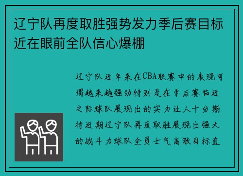 辽宁队再度取胜强势发力季后赛目标近在眼前全队信心爆棚