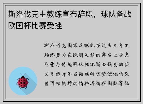 斯洛伐克主教练宣布辞职，球队备战欧国杯比赛受挫